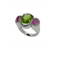 Anello in oro bianco con Peridoto, tormaline rosa e brillanti