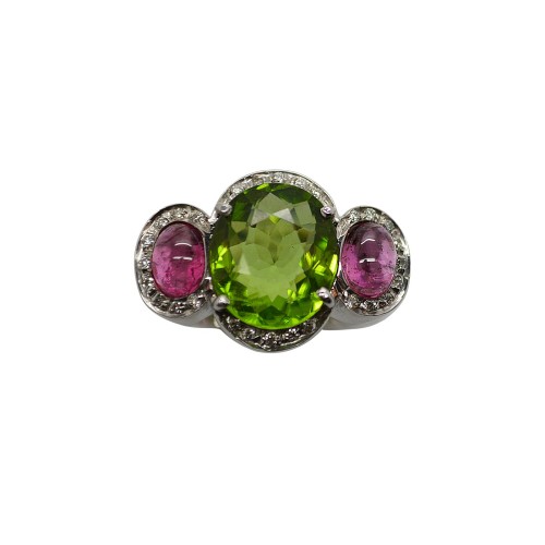 Anello in oro bianco con Peridoto, tormaline rosa e brillanti