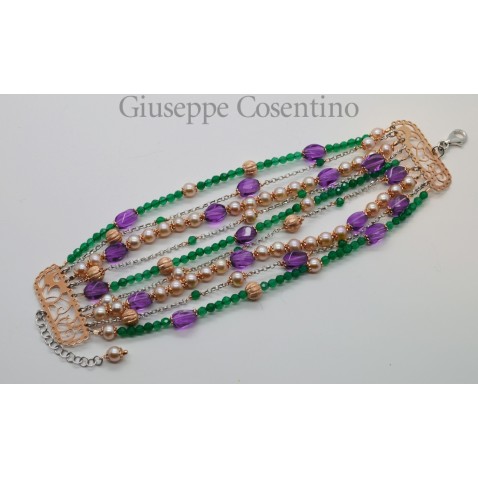 Bracciale in argento bianco e rosato con ametiste, agate verdi e perle