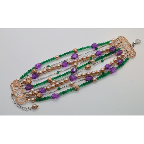 Bracciale in argento bianco e rosato con ametiste, agate verdi e perle