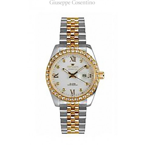 Pryngeps, Orologio da donna in acciaio bicolore con strass, quadrante bianco. Pryngeps, Orologio da donna in acciaio bicolore con strass, quadrante bianco.