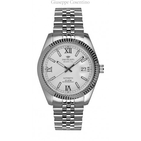 Pryngeps Men's watch automatic in steel, white dial.