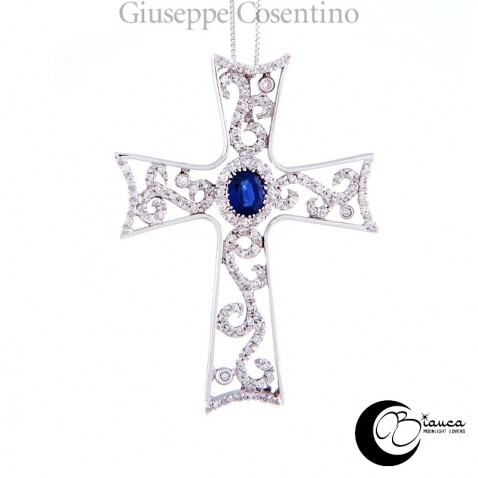 Cross, white gold 750 thousandths with sapphire and diamonds
