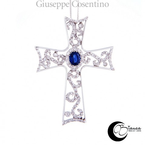 Croce in oro bianco con zaffito e brillanti Croce in oro bianco con zaffito e brillanti