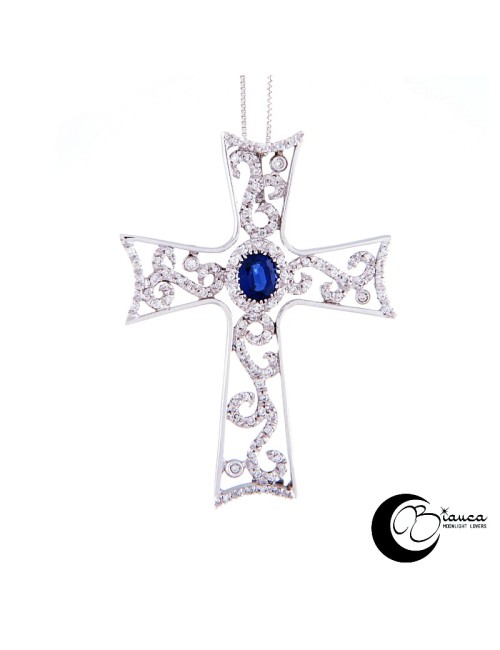 Cross, white gold 750 thousandths with sapphire and diamonds