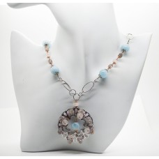 Collier in argento bianco e rosa 925 millesimi con acqua marina milk, labradorite e quarzo rosa