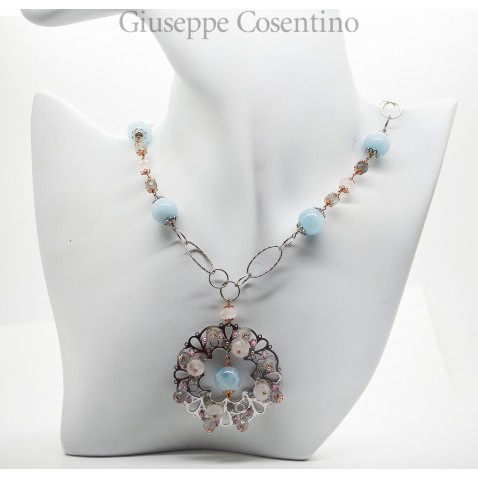 Collier in argento bianco e rosa 925 millesimi con acqua marina milk, labradorite e quarzo rosa