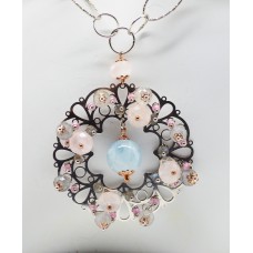 Collier in argento bianco e rosa 925 millesimi con acqua marina milk, labradorite e quarzo rosa