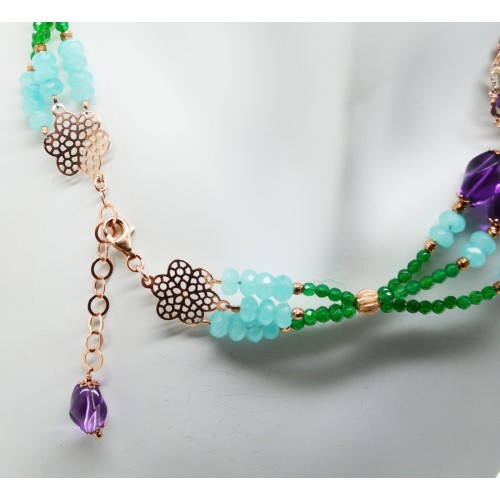 Collier in argento 925 millesimi con ametiste, agate verdi e avventurina celeste