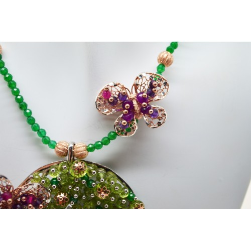 Collier in argento bianco e rosa 925 millesimi con peridoti, agate verdi, fucsia e metiste