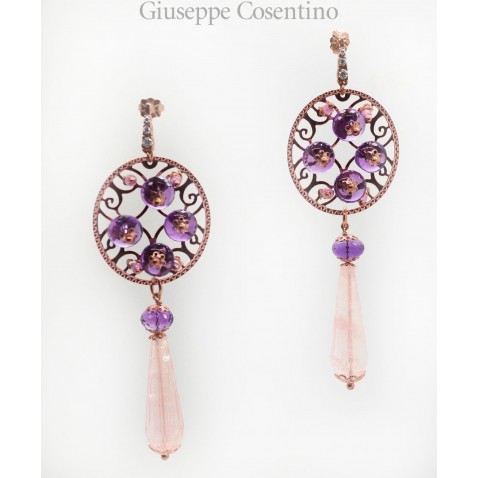 Orecchini in argento rosa 925 millesimi con ametiste e quarzi rosa Orecchini in argento rosa 925 millesimi con ametiste e quarzi rosa