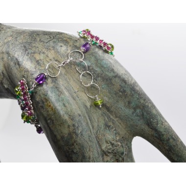 Bracciale in argento bianco 925 millesimi con agate verdi, granati, ametiste e peridoto
