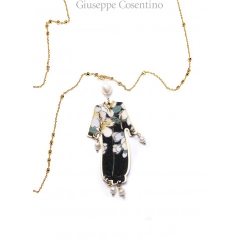 LEBOLE, kimono silk large pearl necklace and silver