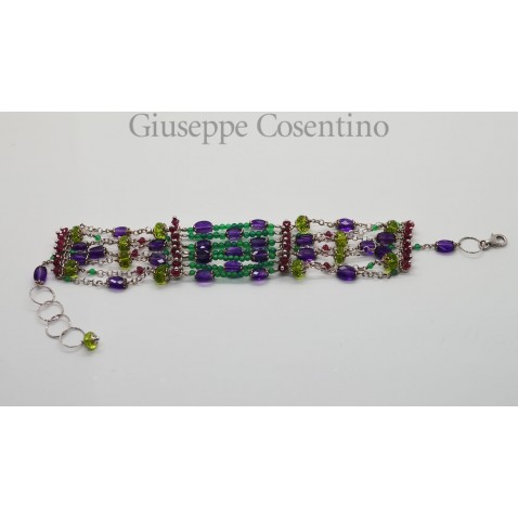 Bracciale in argento bianco 925 millesimi con agate verdi, granati, ametiste e peridoto