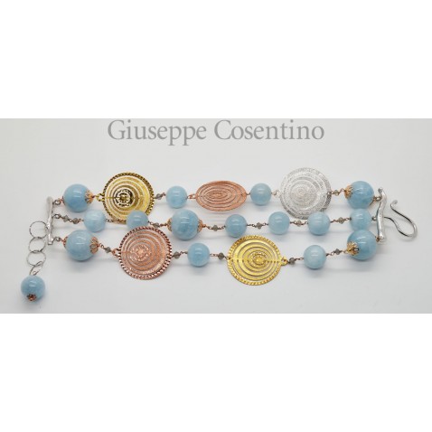 Bracciale in argento bianco, rosa, giallo 925 millesimi con acquamarina milk e labradorite