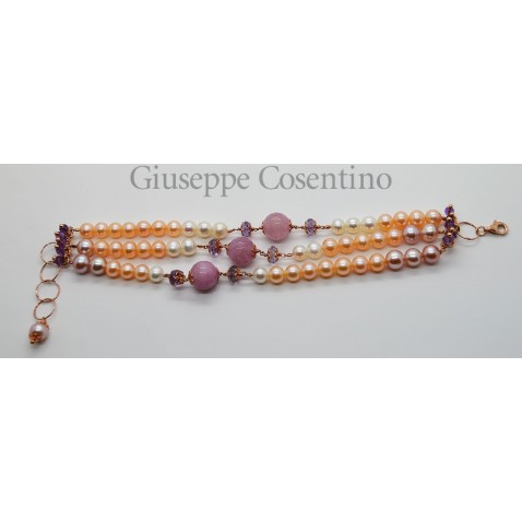 Bracciale in argento rosa 925 millessimi con perle, ametiste e agate