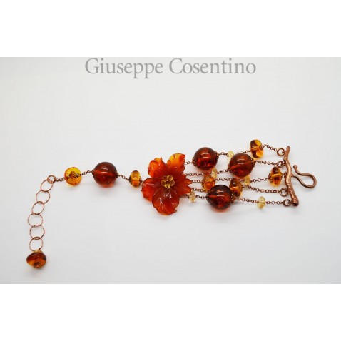 Bracciale in argento rosa 925 millesimi con ambra, quarzi e fiore di agata rossa