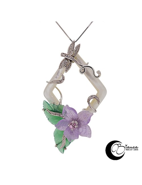 gold pendant with mother of pearl, quartz and diamonds