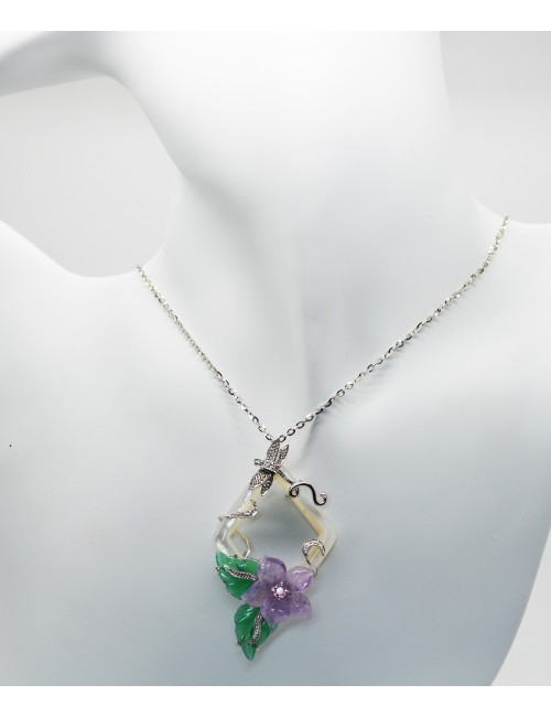 gold pendant with mother of pearl, quartz and diamonds