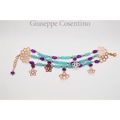 Bracciale in argento rosa 925 millesimi con avventurina celeste e ametista