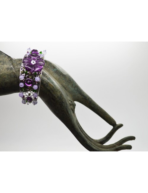 Bracciale in argento bianco 925 millesimi con fiore di ametista e madreperla