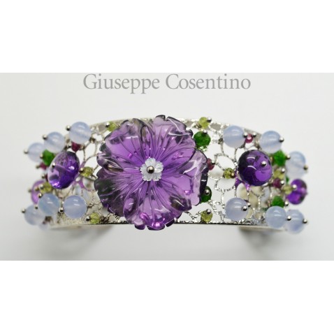 Bracciale in argento bianco 925 millesimi con fiore di ametista e madreperla