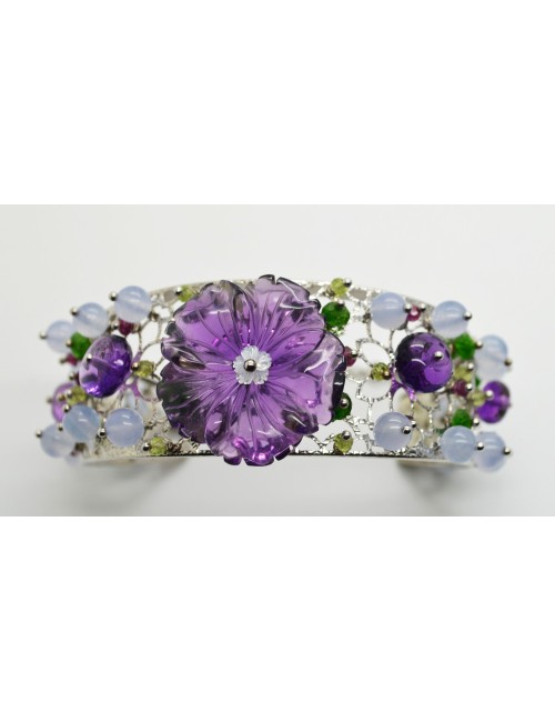 Bracciale in argento bianco 925 millesimi con fiore di ametista e madreperla