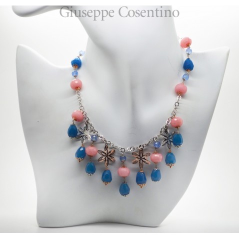 Collier in argento bianco e rosa 925 millesimi con agate blu, avventurina azzurra e rosa