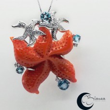 Gold pendant with Coral, Topaz and Brilliant Star