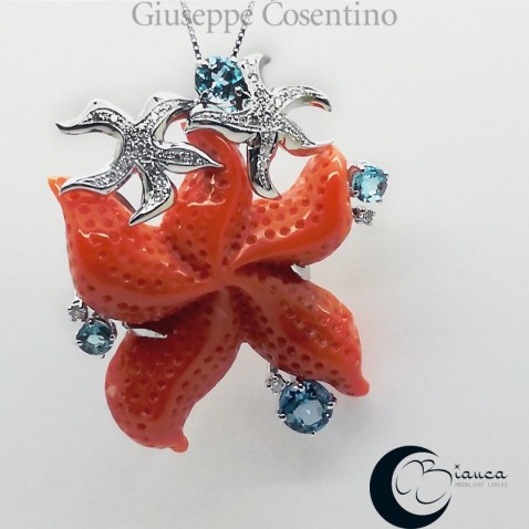 Gold pendant with Coral, Topaz and Brilliant Star Gold pendant with Coral, Topaz and Brilliant Star