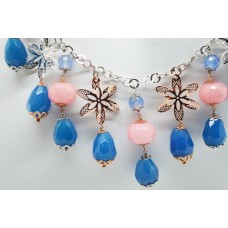 Collier in argento bianco e rosa 925 millesimi con agate blu, avventurina azzurra e rosa