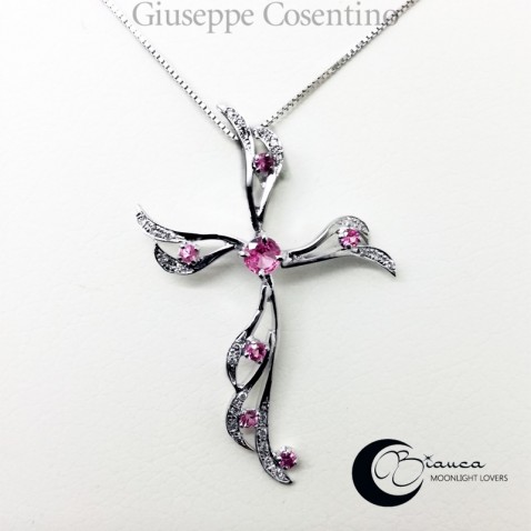 Gold cross with diamonds and pink sapphires