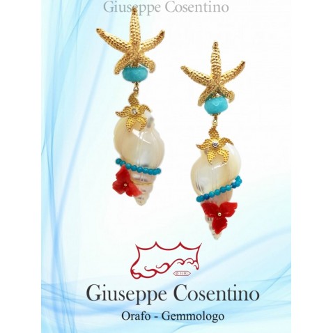 Starfish earrings with coral and mother-of-pearl flowers