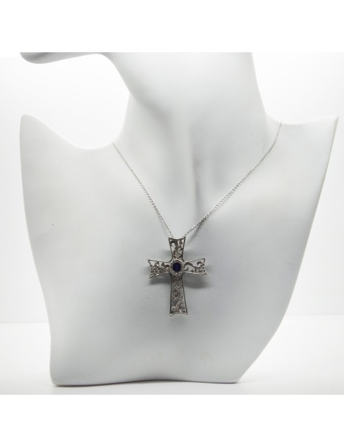 Cross, white gold 750 thousandths with sapphire and diamonds