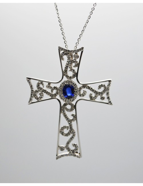 Cross, white gold 750 thousandths with sapphire and diamonds