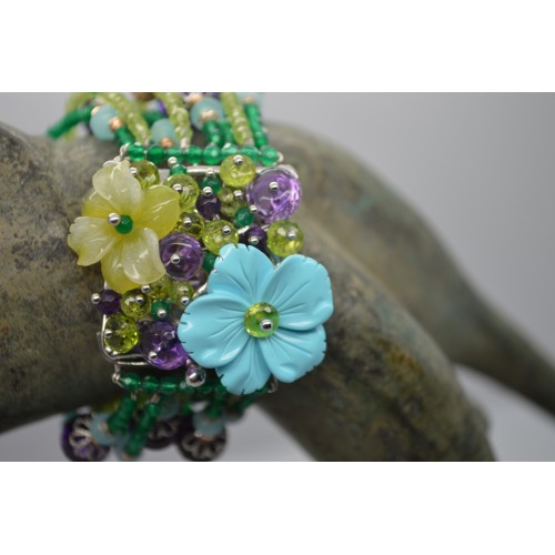 Bracciale in argento bianco e rosa 925 millesimi con fiori di quarzo