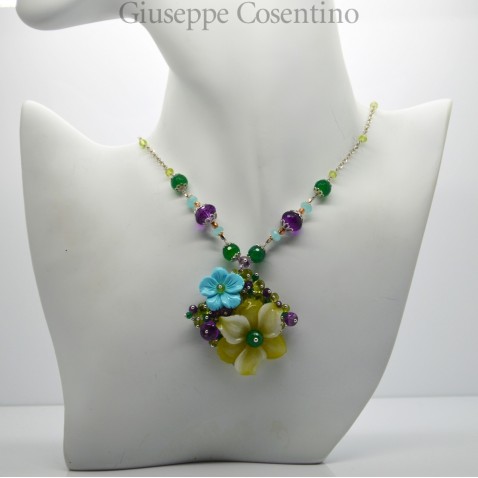 Collier in argento bianco 925 millesimi con fiori di quarzo