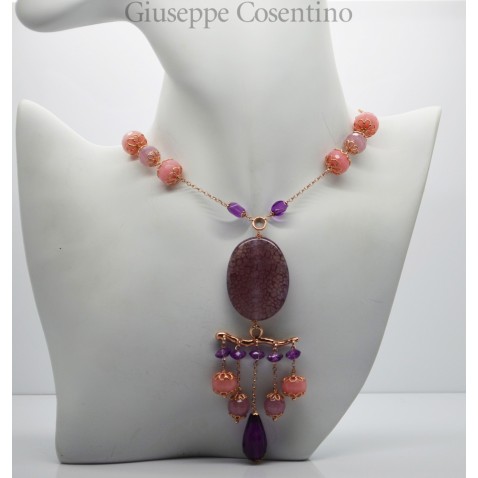 Collier in argeto rosa 925 millesimi, con ametiste e agate