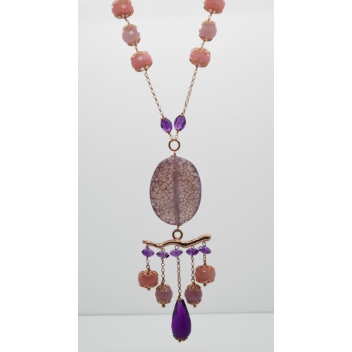 Collier in argeto rosa 925 millesimi, con ametiste e agate