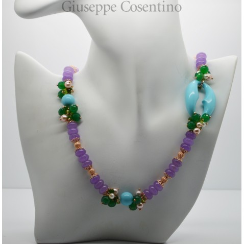 Collier in argento rosa 925 millesimi con pasta di turchese e avventurina viola