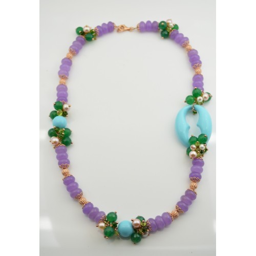 Collier in argento rosa 925 millesimi con pasta di turchese e avventurina viola