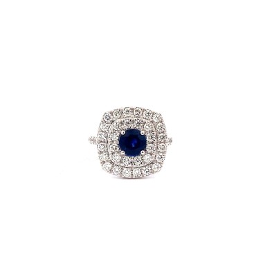 Anello con Zaffiro Naturale Rotondo e Diamanti in Oro Bianco 18K