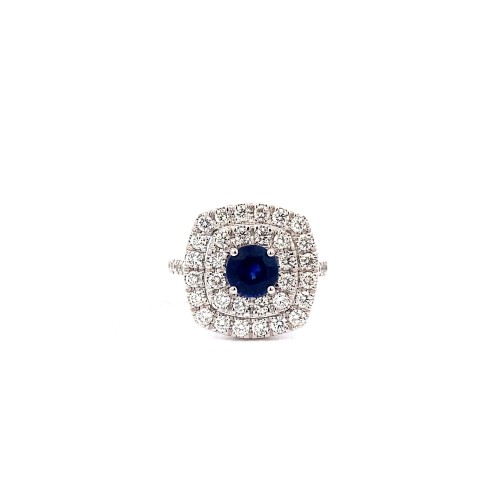 Anello con Zaffiro Naturale Rotondo e Diamanti in Oro Bianco 18K