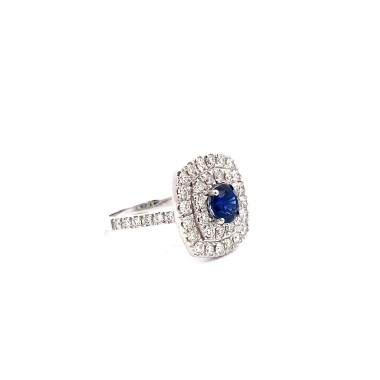 Anello con Zaffiro Naturale Rotondo e Diamanti in Oro Bianco 18K