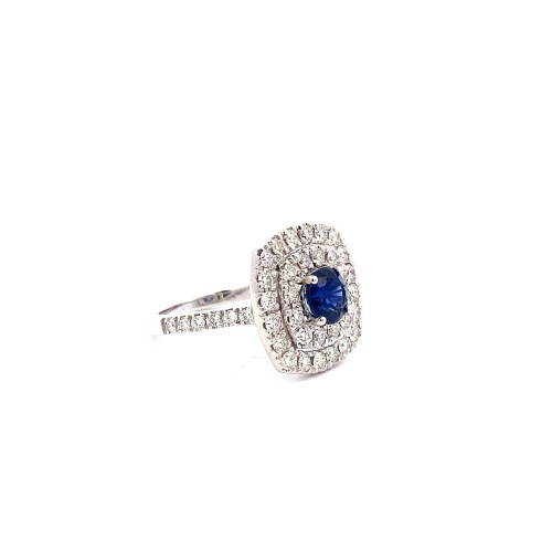 Anello con Zaffiro Naturale Rotondo e Diamanti in Oro Bianco 18K