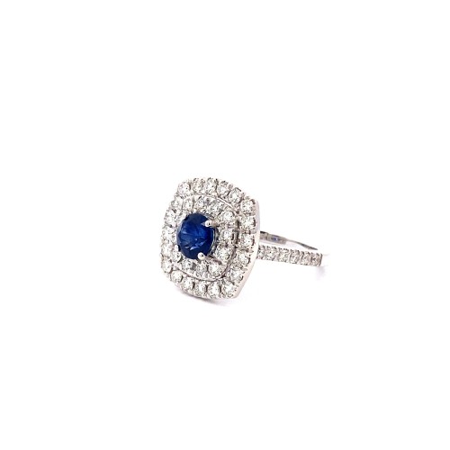 Anello con Zaffiro Naturale Rotondo e Diamanti in Oro Bianco 18K