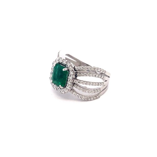 Anello con Smeraldo Naturale a Taglio Rettangolare e Diamanti in Oro Bianco 18K