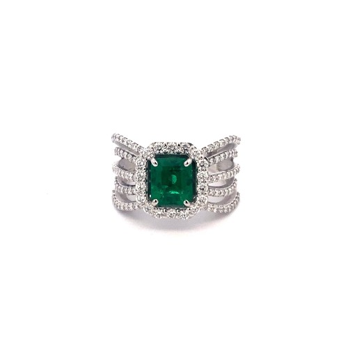 Anello con Smeraldo Naturale a Taglio Rettangolare e Diamanti in Oro Bianco 18K