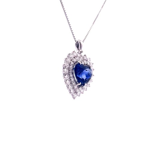 Ciondolo con Zaffiro, Royal Blue, taglio Cuore e Diamanti Naturali in Oro Bianco