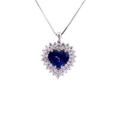 Ciondolo con Zaffiro, Royal Blue, taglio Cuore e Diamanti Naturali in Oro Bianco